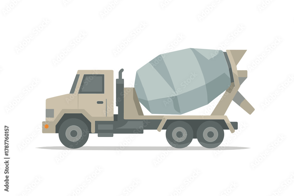Fototapeta premium Side view of beige cement mixer truck with geometric mixing drum