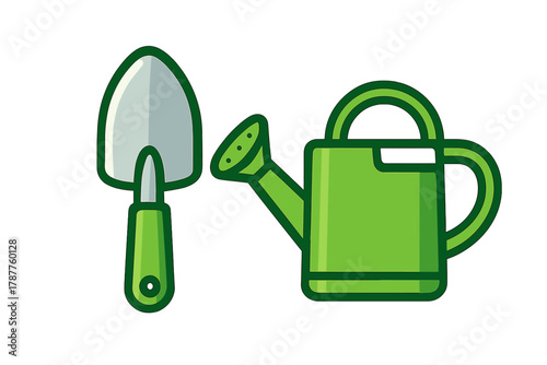 Set of essential gardening tools including trowel and watering can icons