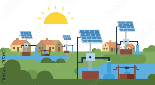 Solar panels powering houses and water pumps in a rural landscape under a bright sun, illustrating renewable energy