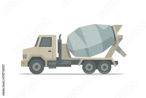 Side view of beige cement mixer truck with geometric mixing drum