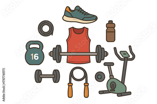 Assortment of colorful fitness and gym equipment icons on white background