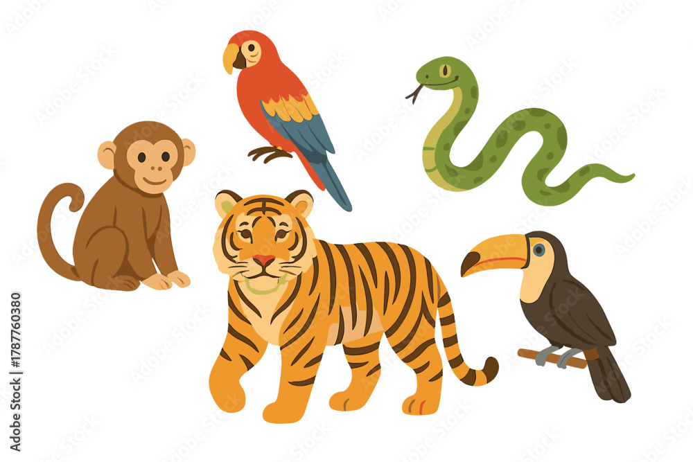 Naklejka premium Collection of cute jungle and rainforest animals including tiger, monkey, parrot, snake, and toucan