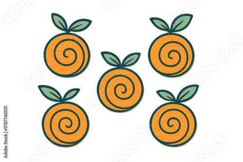 Stylized orange fruit icons featuring spiral cross section and leaves
