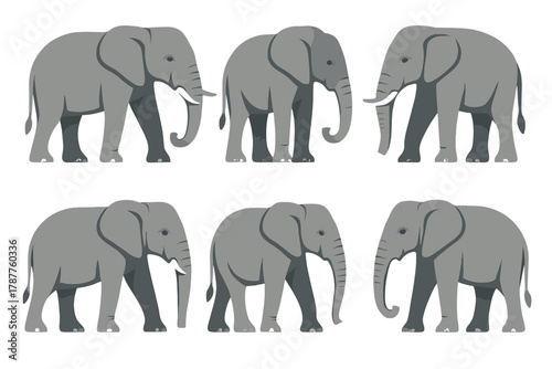 Six gray elephants in various side profile poses