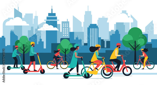 Diverse group of people enjoying ecofriendly transportation like bicycles and scooters in a vibrant city park with a modern skyline
