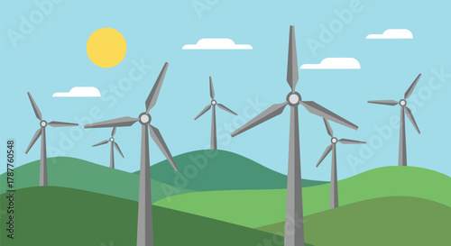 Wind farm landscape with multiple wind turbines generating clean energy on rolling green hills under a sunny sky