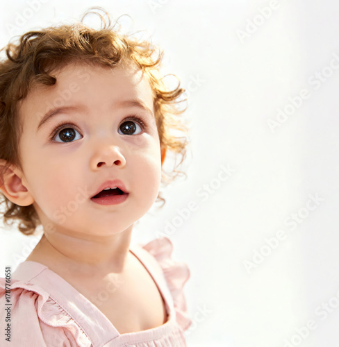 Portrait of a curly-haired little girl 2-3 years old looking up