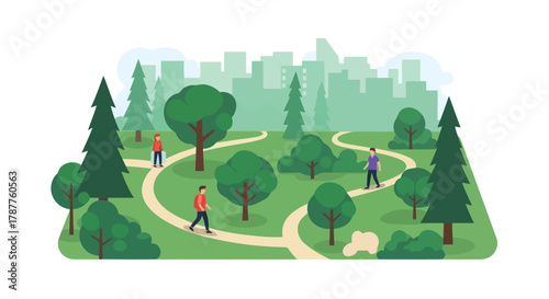 Urban park scene with winding paths, diverse trees, and people strolling amidst a cityscape backdrop