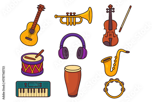 Colorful icons of musical instruments and modern audio equipment