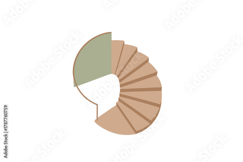 Minimalist spiral staircase top view with beige steps and green landing