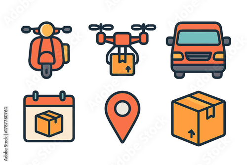 Modern logistics and delivery service icons featuring drone and vehicle transport