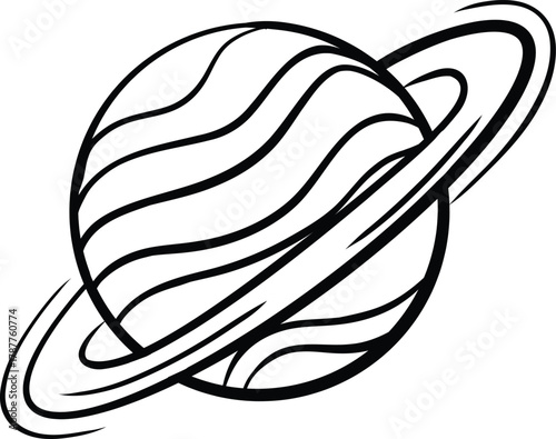 A black and white line art drawing of a ringed planet, possibly Saturn, with distinct stripes and a prominent ring system.