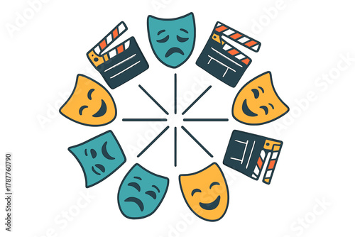 Theater and cinema icons in a circle with comedy and tragedy masks