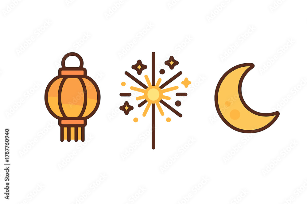 Fototapeta premium Traditional Chinese lantern firework and crescent moon graphic symbols