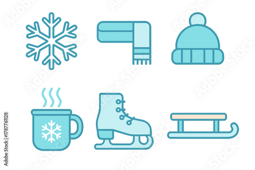 Set of six stylized blue icons for winter and cold weather activities