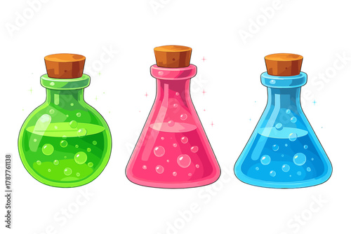 Three colorful magic potion bottles with cork stoppers for fantasy design