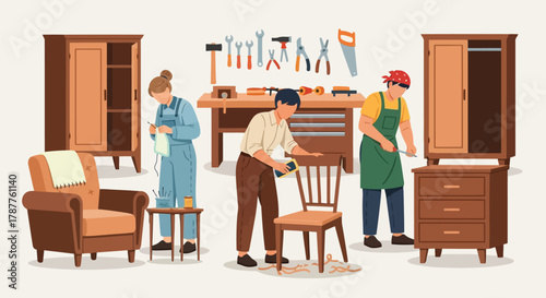 Carpenters working on furniture in a workshop with tools and wooden cabinets