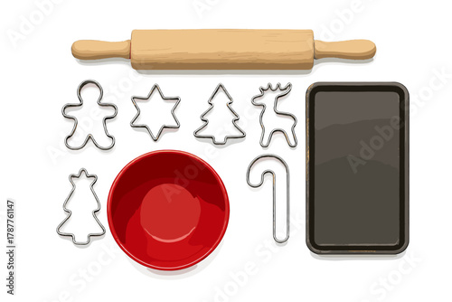 Flat lay of Christmas cookie baking tools with rolling pin and festive cutters
