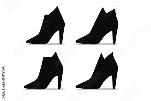 Four black high heel ankle boots silhouettes for fashion design