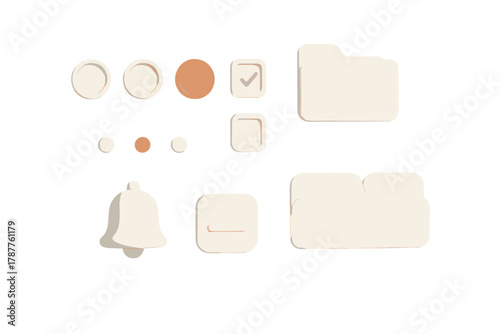 Set of minimalist 3D UI components including folders, action buttons, and notification icon