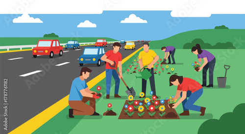 People planting flowers by the roadside with cars driving on the highway