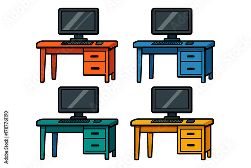 Four modern desktop computer workstations in vibrant colors