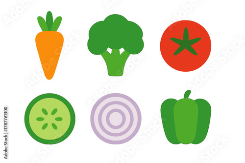 Six colorful flat style icons of common vegetables like carrot broccoli and tomato