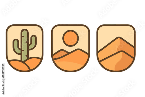 Desert landscape icons set with cactus and rolling sand dunes