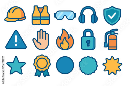 Workplace safety and personal protection equipment icons for security