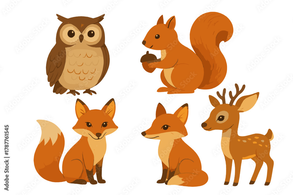 Fototapeta premium Charming set of cute woodland creatures including owl squirrel fox and deer