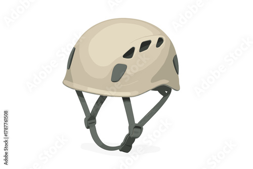 Beige climbing helmet with gray straps and ventilation holes