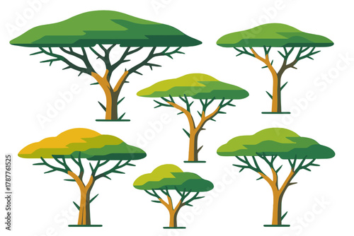 Stylized acacia trees with flat canopy shapes for savanna landscapes