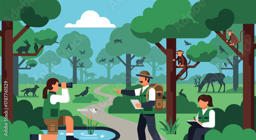People observing wildlife in a forest with animals like monkeys, deer, and birds, promoting conservation and ecological study