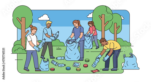 Volunteers cleaning up a park, collecting trash and plastic bottles into large bags for recycling