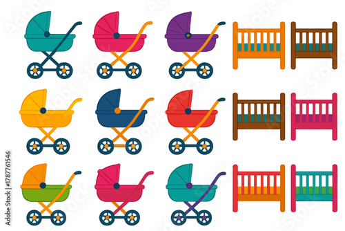 Colorful baby strollers and cribs icons collection