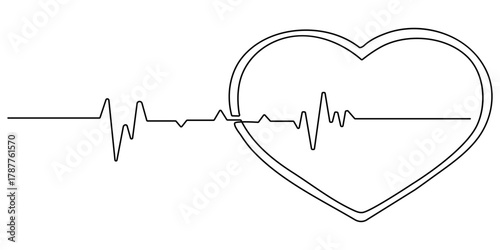 Heart beat one line. Continuous lines heart beats drawing. Wave pulse. Hand draw heartbeat. Design heartbeat for print. Red silhouette cardiogram isolated on white background. Vector