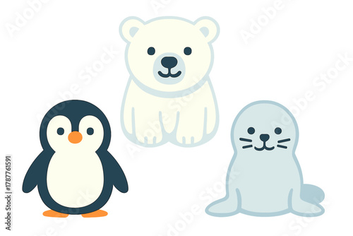 Set of cute arctic animal characters including penguin polar bear and seal