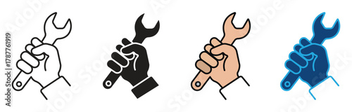 Spanner in hand icon set. Home repair or hand holding wrench or spanner icon, Services icon, repair sign vector illustration on white background. vector illustration.