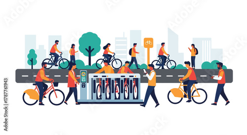 People riding bicycles at a bike sharing station in a city with buildings and trees