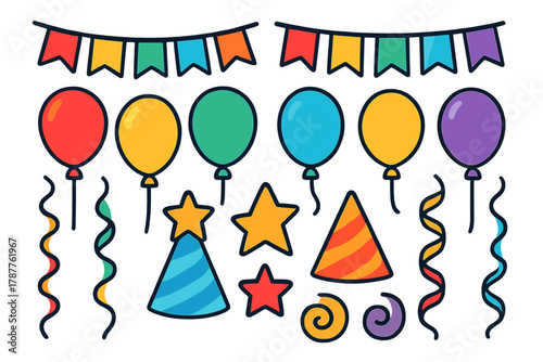 Vibrant collection of festive party decorations featuring balloons and pennant banners