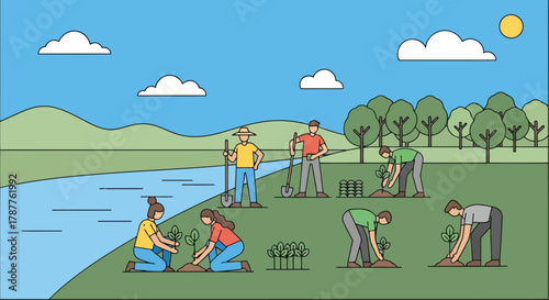 People planting trees and saplings in a field near a river, illustrating environmental conservation and community effort