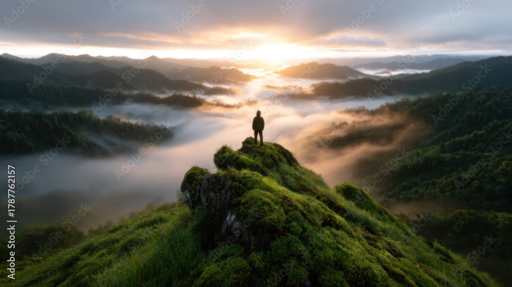 Obraz premium A breathtaking panorama of a misty mountain valley at sunset, showcasing dramatic clouds and lush greenery, evoking a sense of tranquility and awe in nature's beauty.