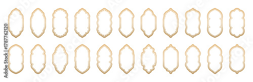Set of golden Arabic windows and arch. Oriental style Islamic windows and arches. Islamic window shape. Arabic door frame. Islamic architecture elements of window door. Frames in Arabic Muslim design
