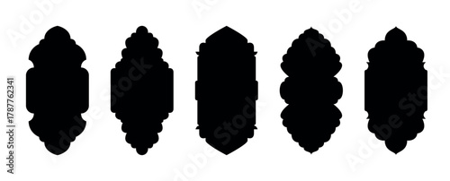 Islamic window, door arch set with Moroccan and Arabic patterns. Mosque gate shapes for Ramadan Kareem. Lantern silhouette elements, editable vector style. Transparent background, social media design