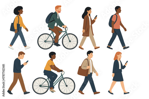 Diverse group of young adults walking and cycling in modern city setting