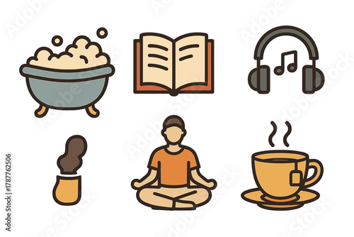 Set of self care and relaxation icons for wellness activities