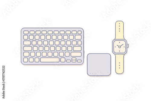 Modern wireless keyboard charging pad and smartwatch collection