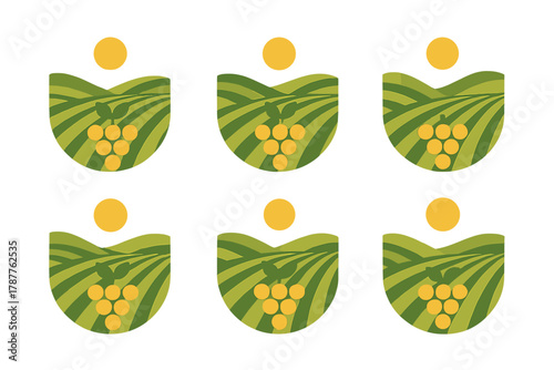 Stylized vineyard landscape with sun and cluster icons