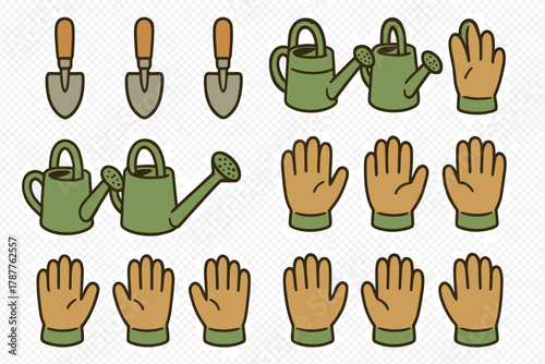 Set of essential gardening tools icons featuring trowels watering cans and protective gloves