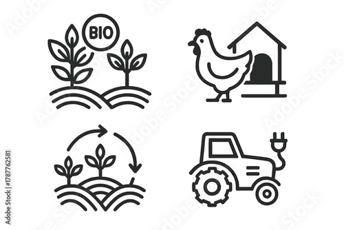 Organic farming and sustainable agriculture line icons set